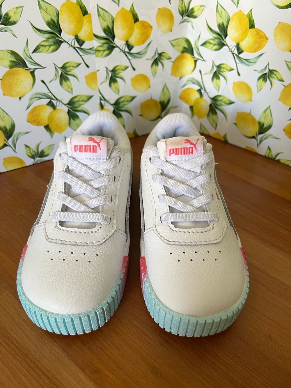 Puma White Kids Sneakers with Light Blue Soles and Pink Logos